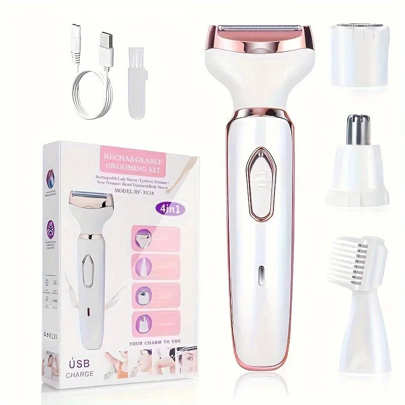 4 In 1 Electric Lady Shaver, Body Hair Removal Epilator, Painless Cordless Trimmer Razor (Afeitadora eléctrica femenina 4 en 1, depiladora corporal, recortadora inalámbrica sin dolor).