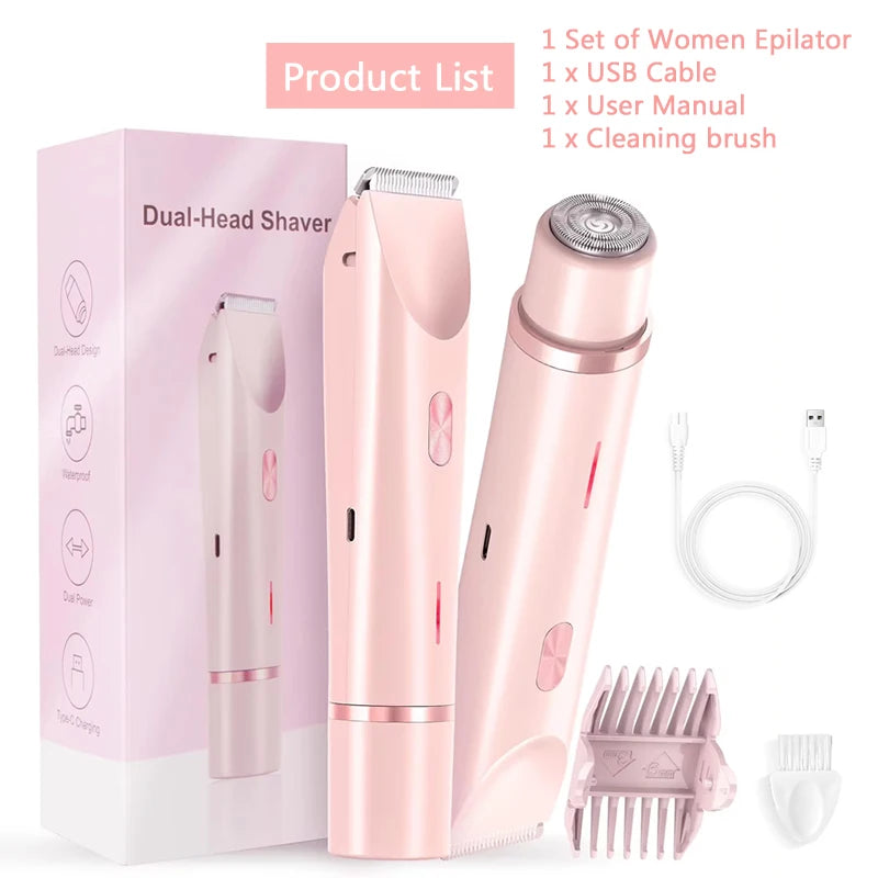 2 in 1 Dual-Head Painless Women Electric Razor and Bikini Trimmer. Wet Dry Use for Ladies Pubic Hair. (Afeitadora eléctrica 2 en 1 de doble cabezal, indolora, para mujer y recortadora de bikini. Uso en seco y húmedo para vello púbico femenino).