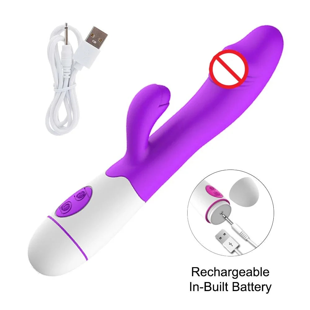 Powerful Rabbit Vibrator Dildo. Dual Vibration: G Spot and Clitoris Stimulation.  (Potente vibrador tipo conejo. Vibración dual: estimulación del punto G y del clítoris).