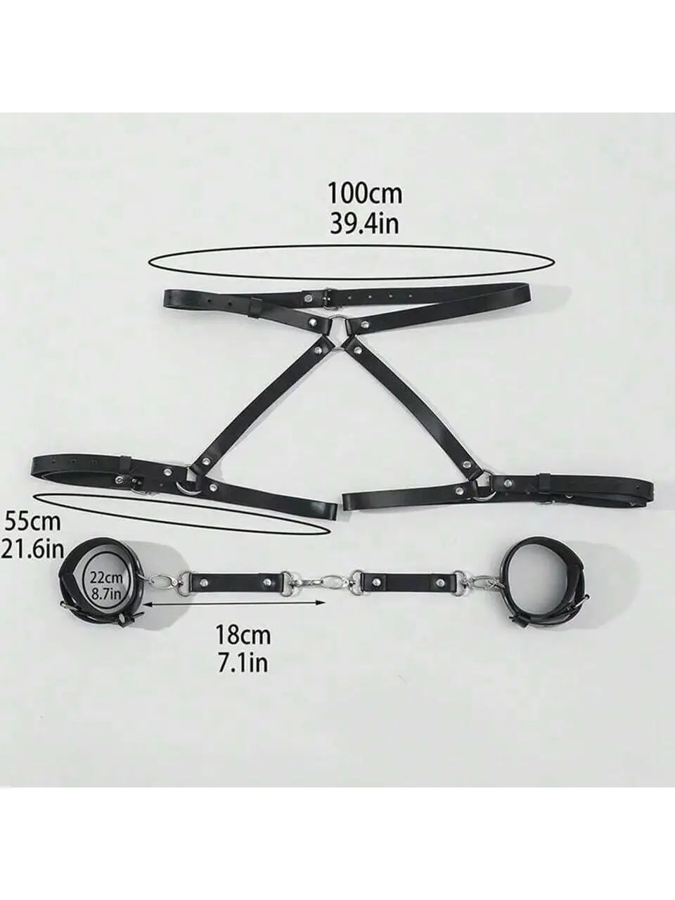 Leather BDSM Kit Handcuffs and Body Harness with Straps for Couples. (Kit BDSM de cuero con esposas y arnés corporal con correas para parejas).