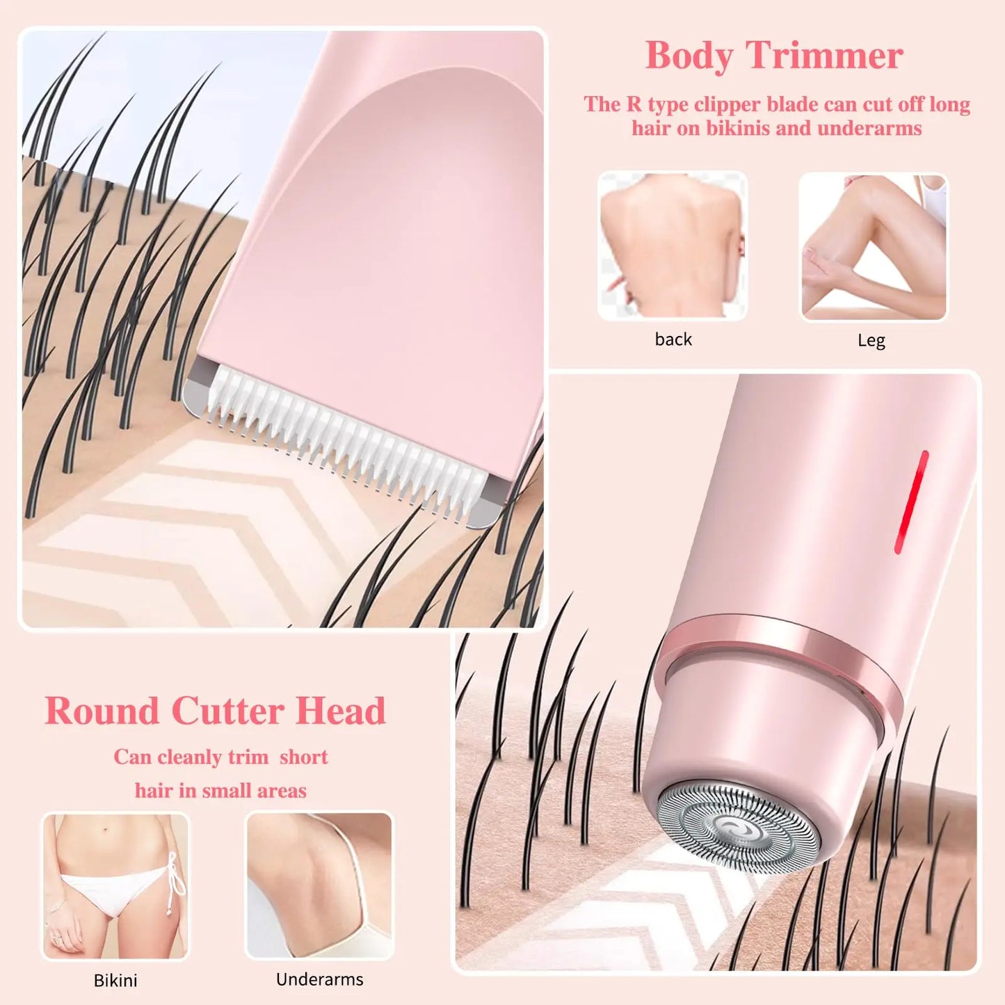 2 in 1 Dual-Head Painless Women Electric Razor and Bikini Trimmer. Wet Dry Use for Ladies Pubic Hair. (Afeitadora eléctrica 2 en 1 de doble cabezal, indolora, para mujer y recortadora de bikini. Uso en seco y húmedo para vello púbico femenino).