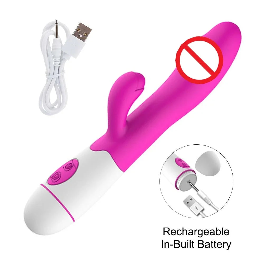 Powerful Rabbit Vibrator Dildo. Dual Vibration: G Spot and Clitoris Stimulation.  (Potente vibrador tipo conejo. Vibración dual: estimulación del punto G y del clítoris).