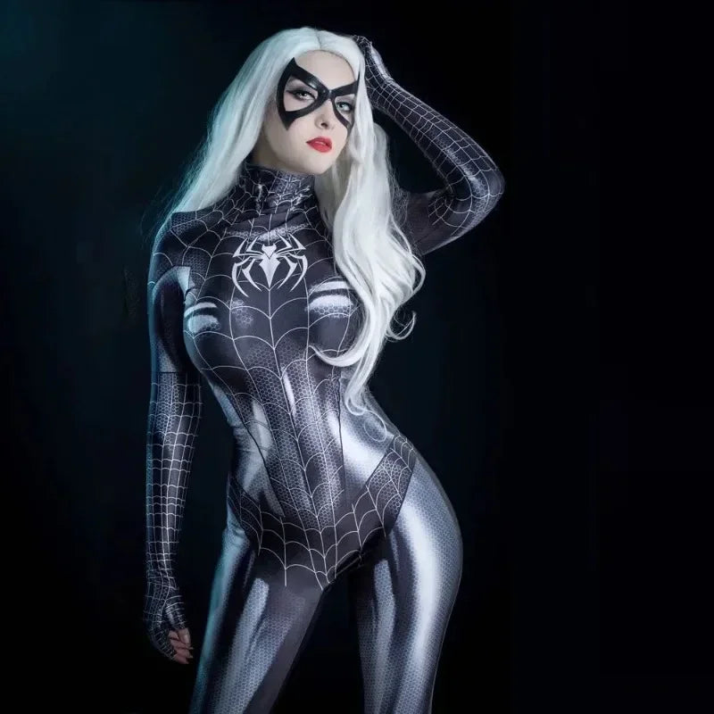 Sexy Black Cat Superhero Cosplay Costume For Spider Women Halloween. Tight 3d Printing Bodysuit. (Disfraz sexy de superhéroe de gata negra y mujer arana para Halloween. Mono ajustado con estampado 3D.