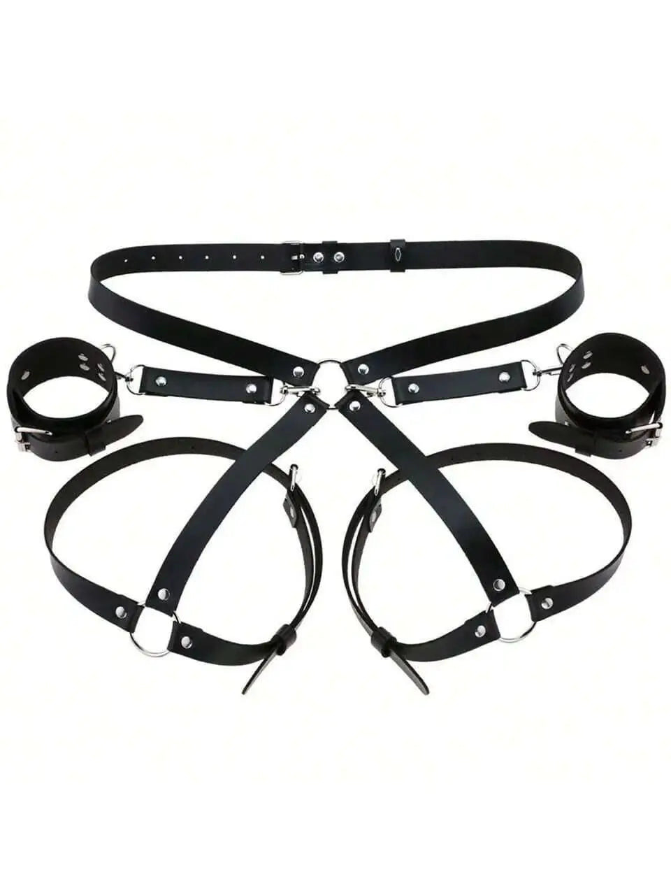 Leather BDSM Kit Handcuffs and Body Harness with Straps for Couples. (Kit BDSM de cuero con esposas y arnés corporal con correas para parejas).