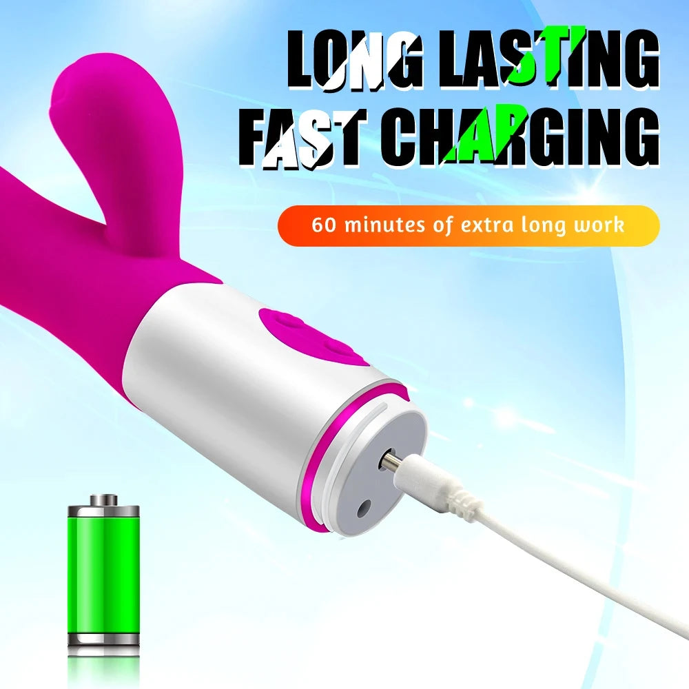 Powerful Rabbit Vibrator Dildo. Dual Vibration: G Spot and Clitoris Stimulation.  (Potente vibrador tipo conejo. Vibración dual: estimulación del punto G y del clítoris).