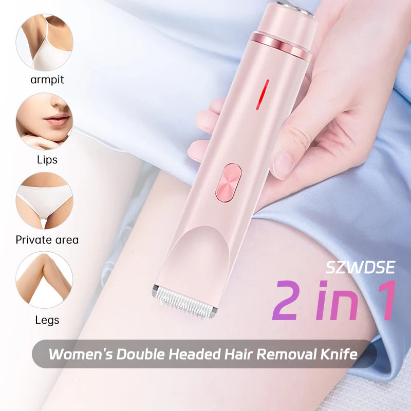 2 in 1 Dual-Head Painless Women Electric Razor and Bikini Trimmer. Wet Dry Use for Ladies Pubic Hair. (Afeitadora eléctrica 2 en 1 de doble cabezal, indolora, para mujer y recortadora de bikini. Uso en seco y húmedo para vello púbico femenino).