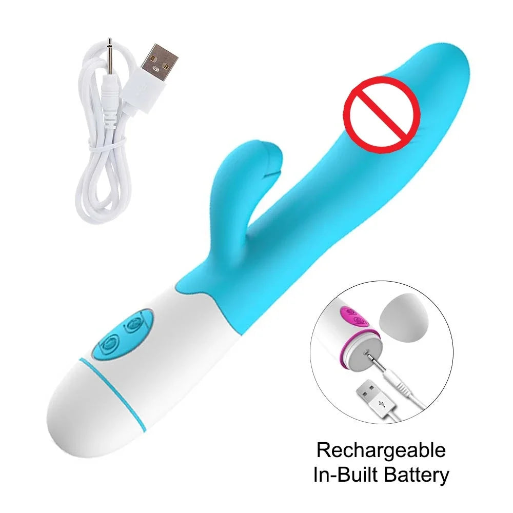Powerful Rabbit Vibrator Dildo. Dual Vibration: G Spot and Clitoris Stimulation.  (Potente vibrador tipo conejo. Vibración dual: estimulación del punto G y del clítoris).